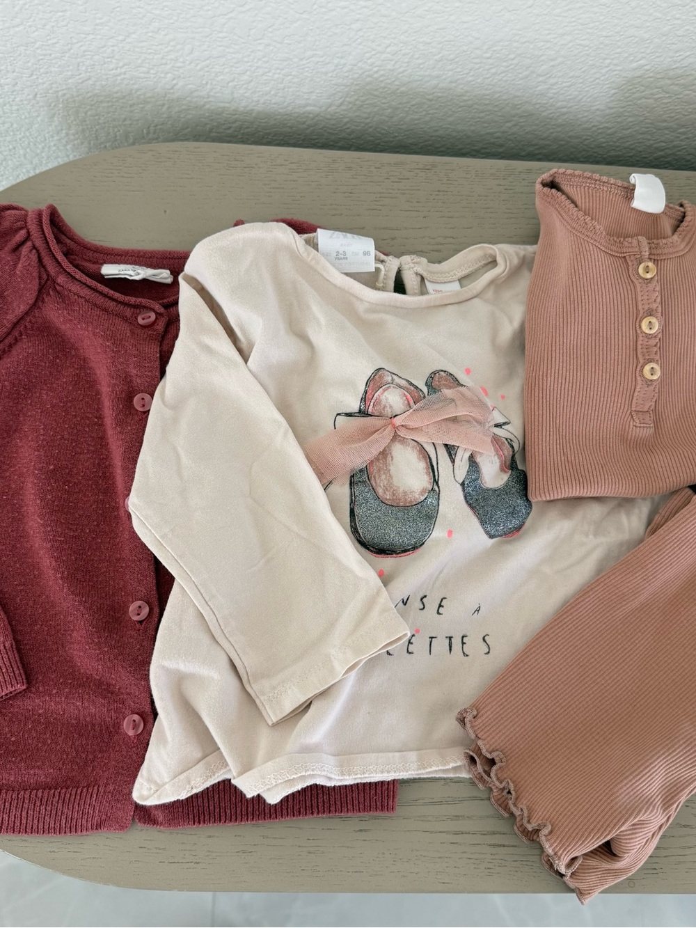 Zara cardigan, Zara long sleeve, H&M blouse and shorts 2t Smoke set